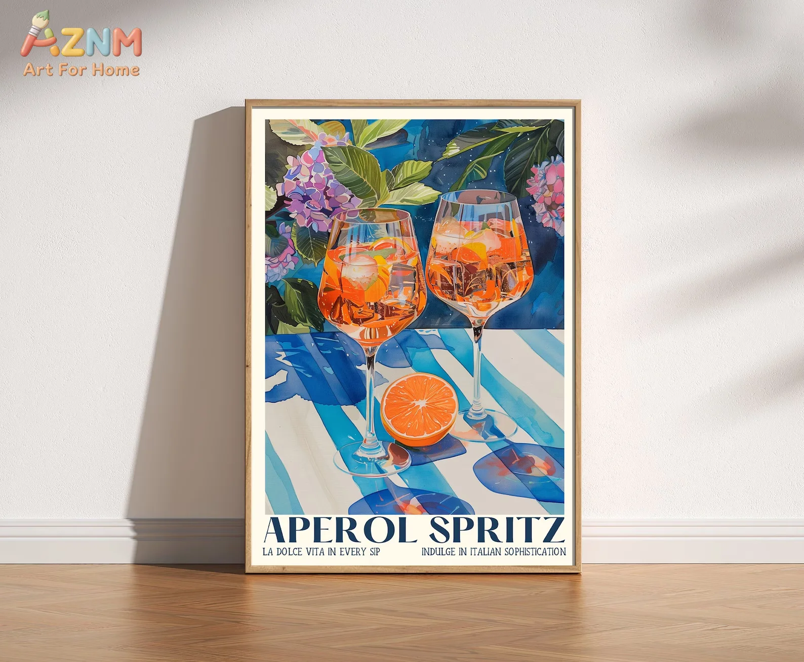 AZNM Aperol Spritz Cocktail Canvas Wall Art Italian Watercolor Orange Hydrangea Kitchen Bar Retro Quote Aesthetic Unframed Home