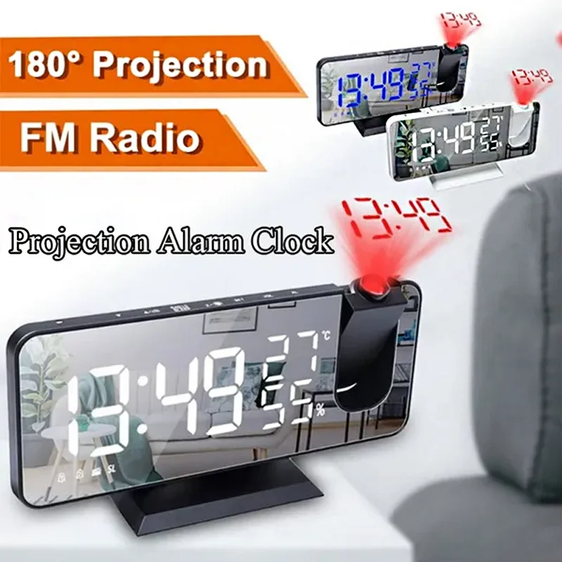 

FM Radio Digital Projection Alarm Clocks Led Table Clocks Wake Up Clock Temp Humidity with 180° Projection Snooze Digital Clock