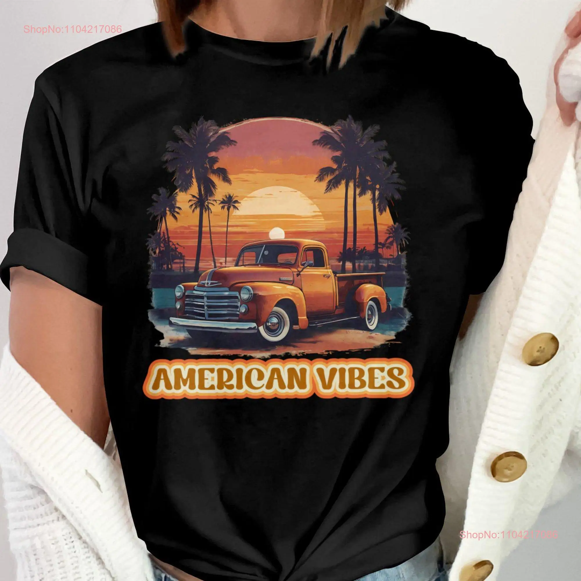 Vintage Sunset Truck Print American Vibes Retro T Shirt Beach Palm Trees Art Classic Pickup Lover SweaT