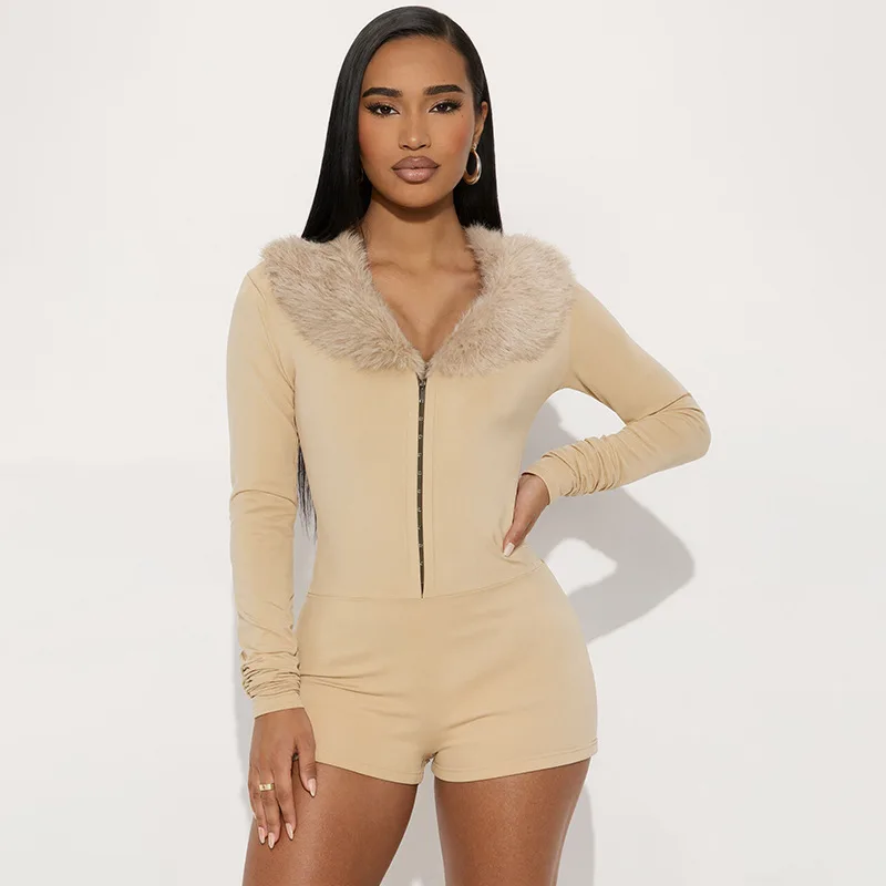 Sexy lange mouwen faux fur trim slim fit zwarte bodysuit chique V-hals wikkelbodysuit herfst casual bodysuit feest club romper