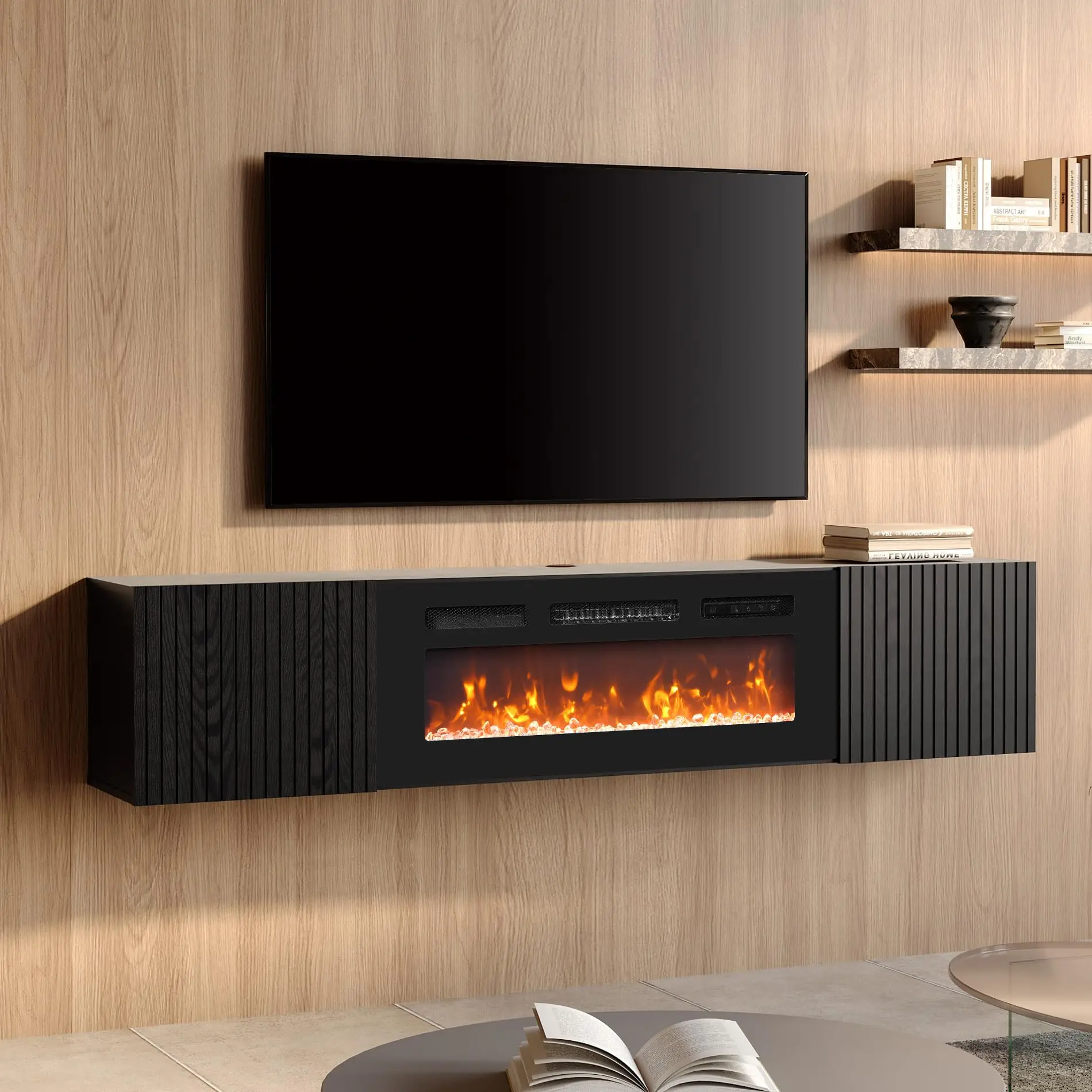 70 Inch Floating TV Stand with 36" Electric Fireplace | Wall Mounted Entertainment Center, 2 Fluted Flip-Down Doors