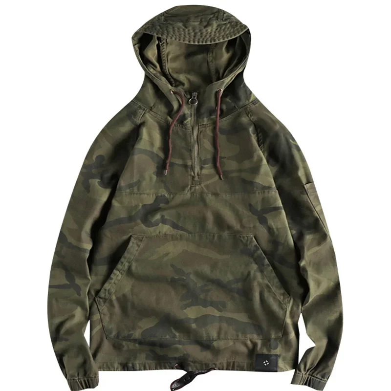 

Outdoor Military Style Camouflage Jacket Men's Half Zipper Hooded Cargo Functional Coat Loose Pullover Top