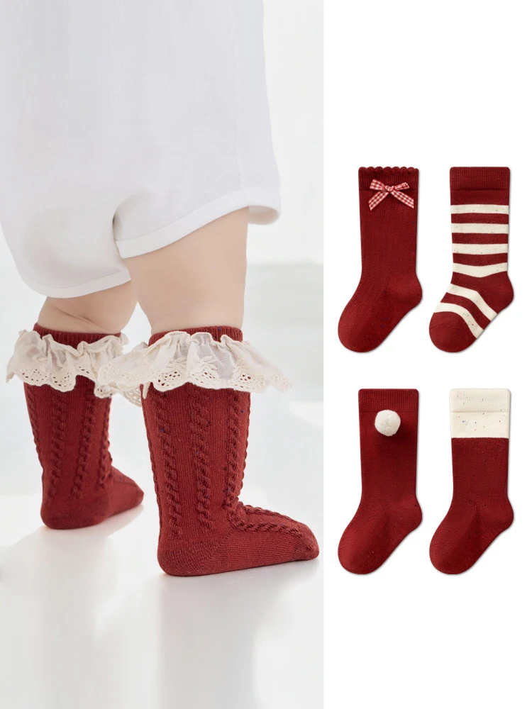 Girls Mid Calf Cotton Socks Vintage Red Lace Ruffle Plaid Bow Socks For 0-8T Girls Versatile Girls Cute Socks