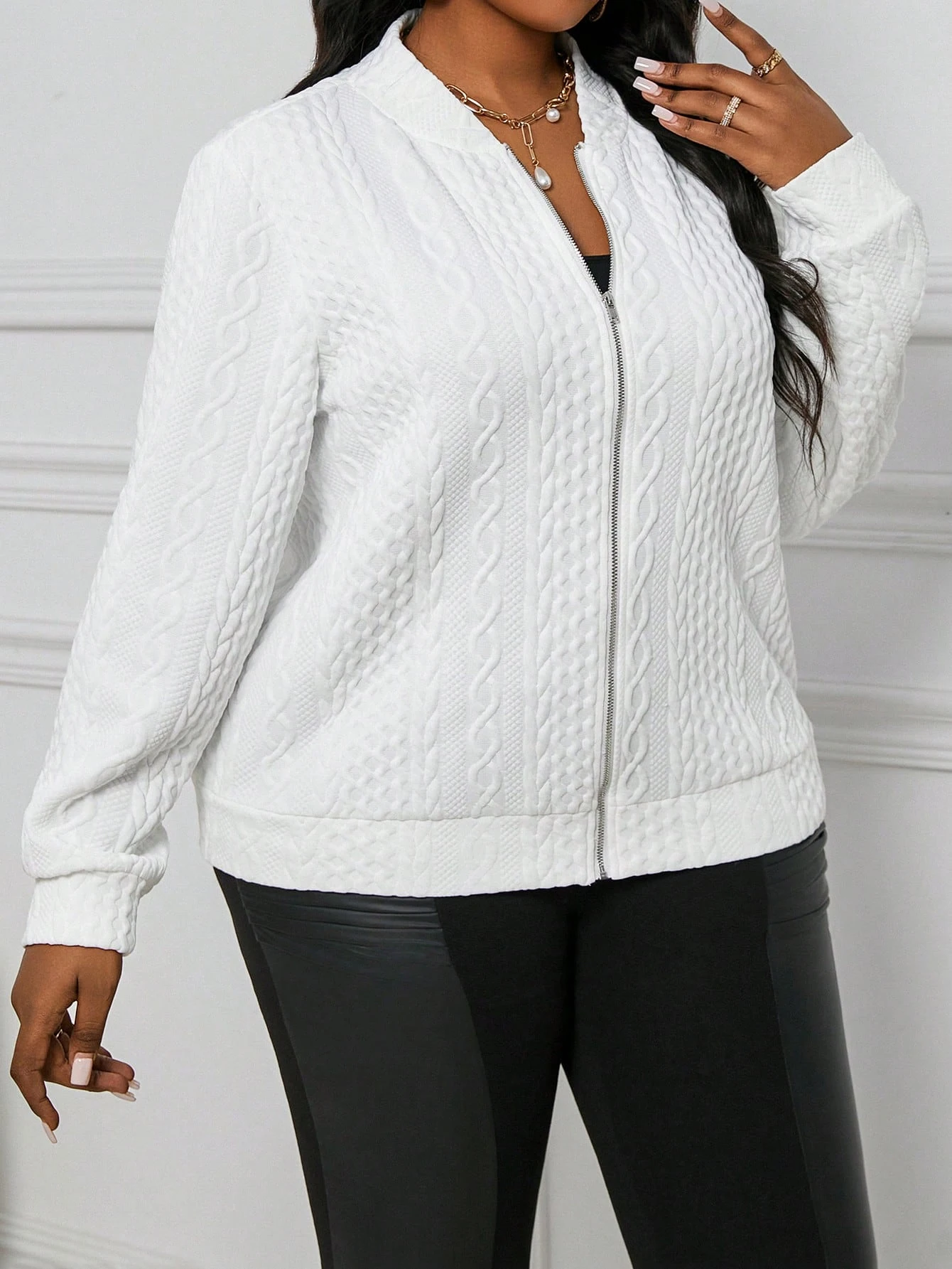 Plus Size Women Knit Jacket Stand Collar Cable Knit Zip Up Long Sleeve Loose Cardigan Casual Fall Winter Daily Outerwear