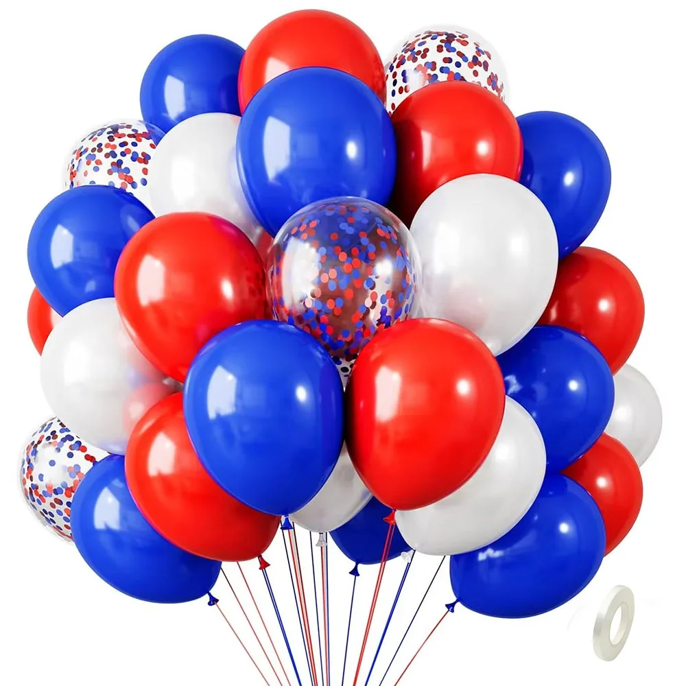 Kit de 40 Balões Vermelhos, Brancos e Azuis com Confete para Decorações de Festa de Aniversário Náutica e Dia da Independência