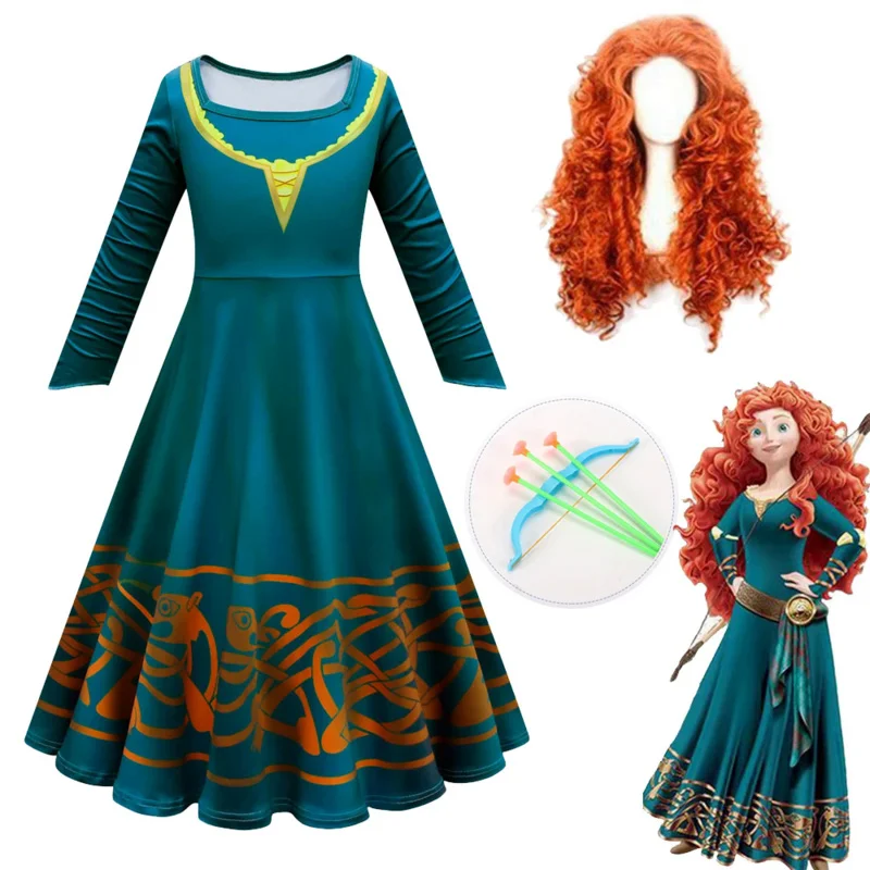 Hot Movie Brave Merida Costume for Girls Halloween Princess Dress Wig Kids Carnival Fantasia Children Xmas Party Cosplay Costume