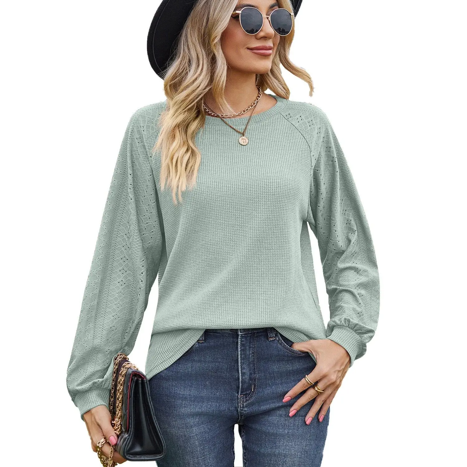 Loose Long Sve round Ne T-irt Women's Pure Color Splicing Oversize Top Autumn Winter New Sle Faion Ladies' Tee