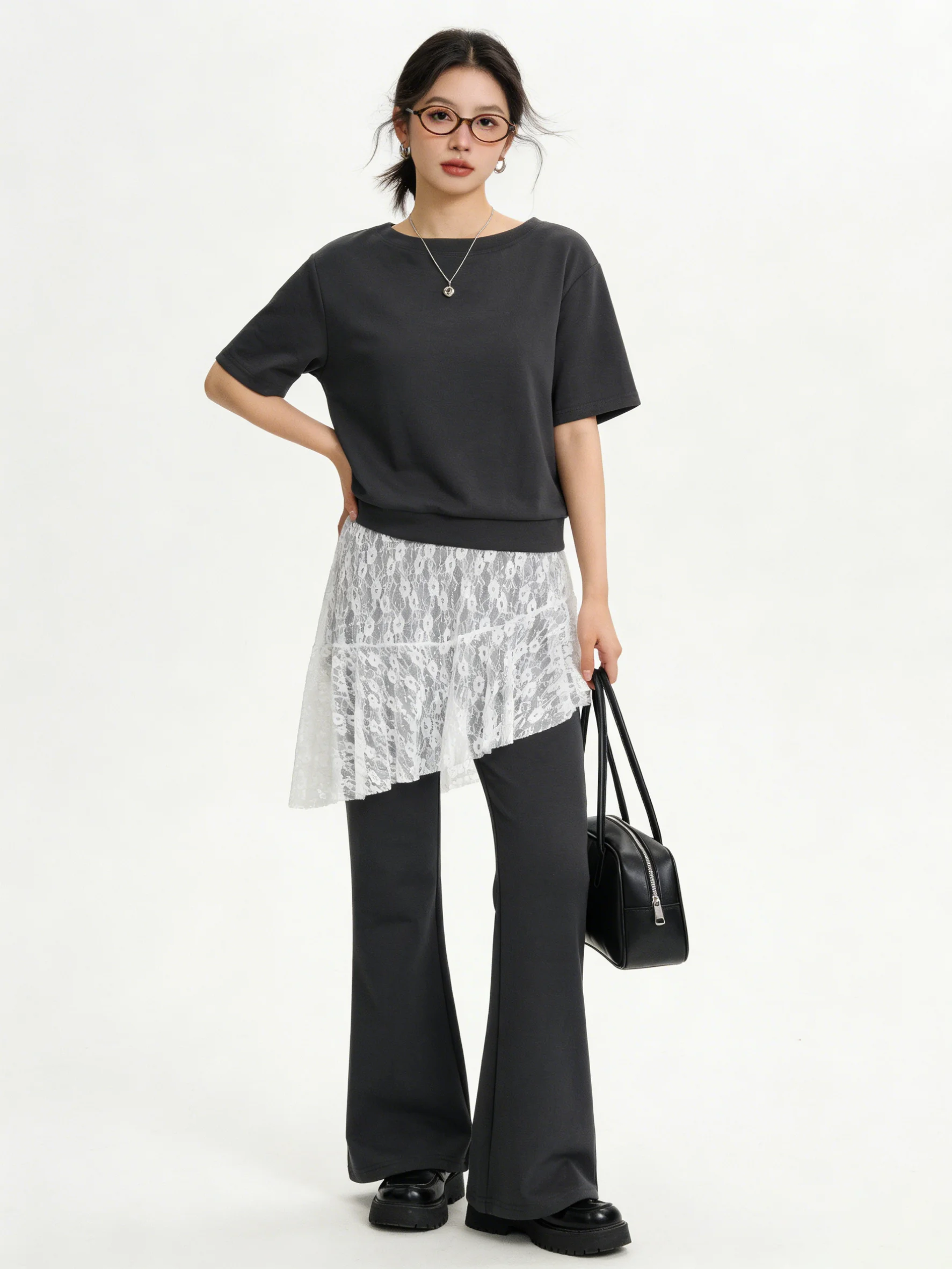 

Summer Fashion Sweet Anti-Aging Two-Piece Set Simple Short-Sleeve T-Shirt Lace Paneling Casual High Waist Pants Breathable