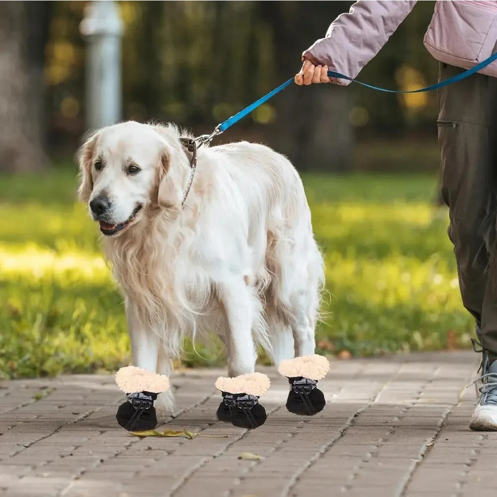 4pcs/Set Waterproof Antiskid Puppy Shoes Winter Warm Plus Velvet Anti-Slip Rain Snow Boots Outdoor Pet Shoe Covers Rain Boots