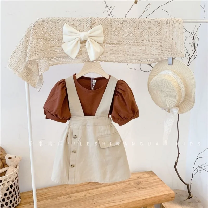 

New Summer Outfit for Girls, Internet-Famous Baby Girl's Bubble Sleeve DressTT-shirt, suspender skirt, and short skirt two-piece