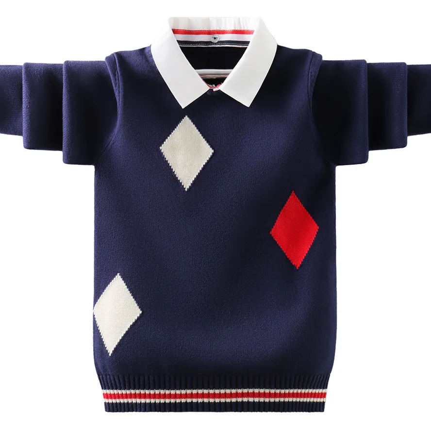 

Boys Knitted Uniform Sweater 2024 Autumn Winter England Style Children's Polo Collar Pullovers For Teenager Age 5-15 Years Wear