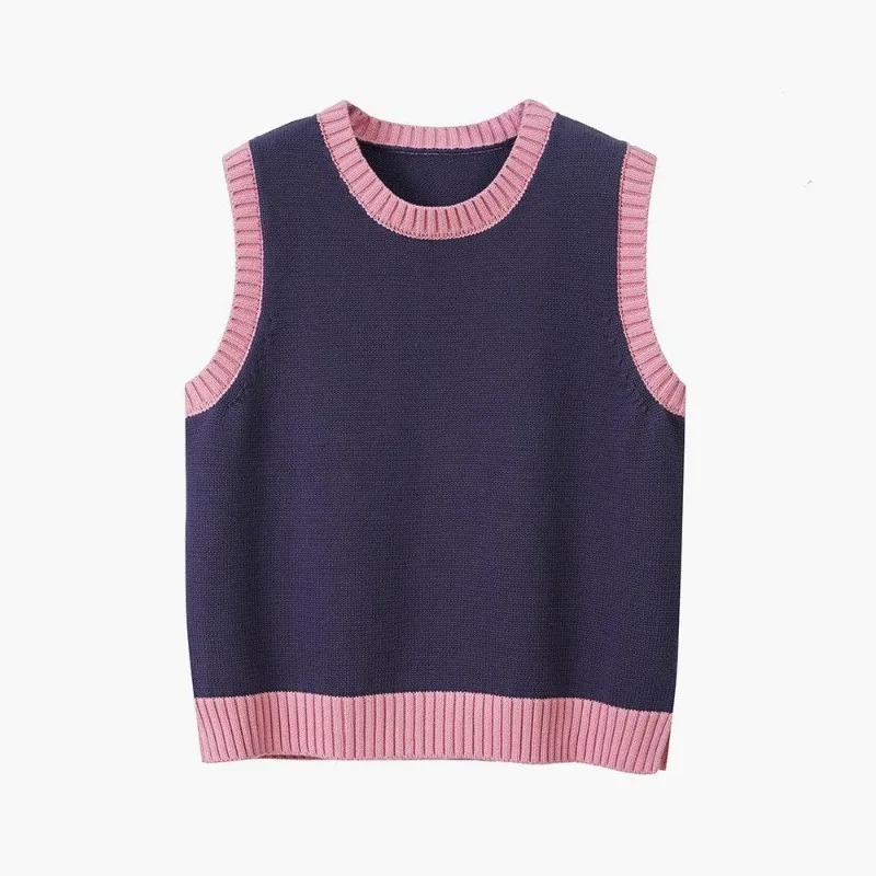 Women Spring Autumn Block Cotton Knit Vest Round Neck Split Hem Thick Pullover Sleeveless Waistcoat For Outerwear And Layering