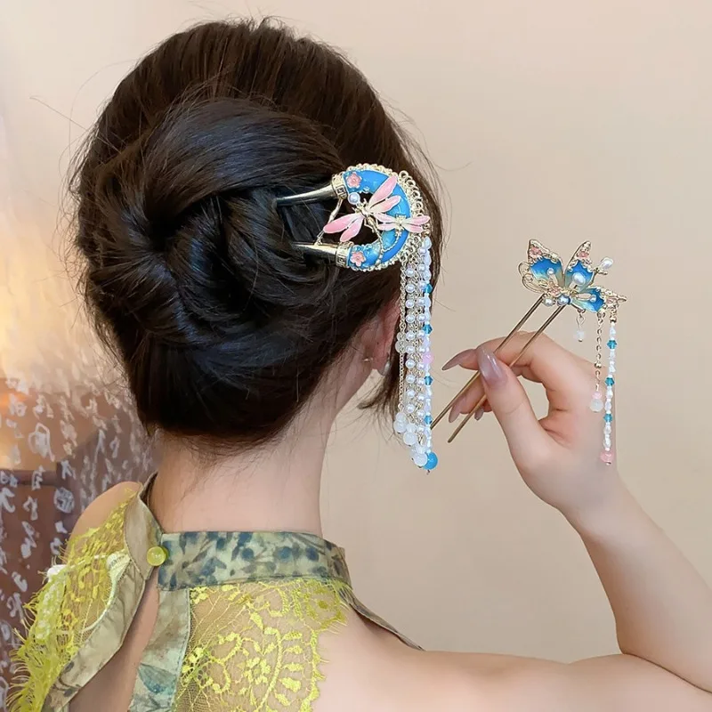 الأزرق الوردي النفط يقطر فراشة دبابيس الشعر للنساء الرجعية اليعسوب الزجاج شرابة U-شكل شوكة الشعر تقليد اللؤلؤ الشعر العصي V