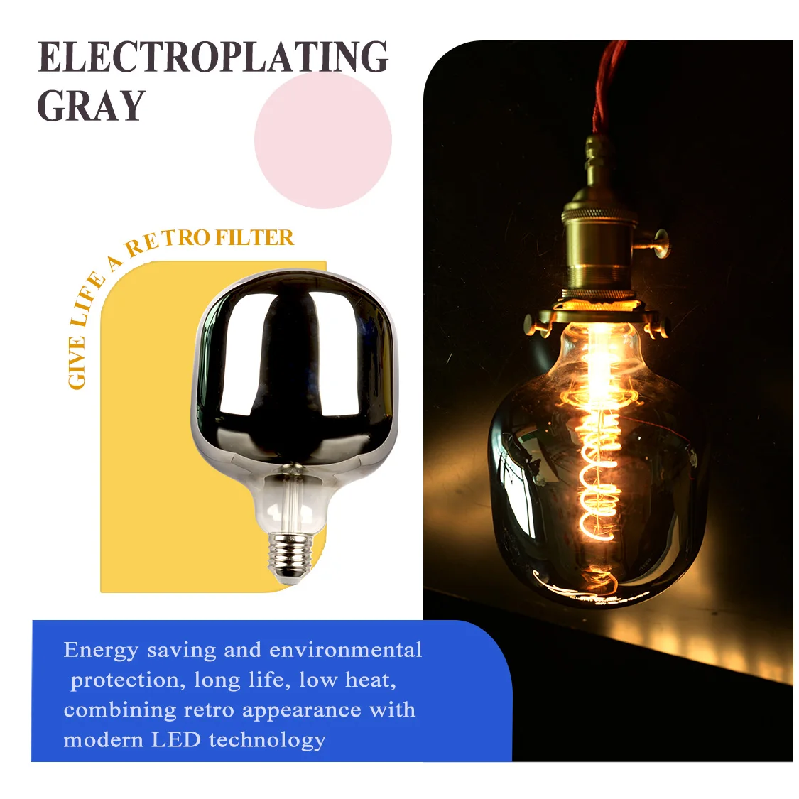 電気メッキミラーグレー 5W 220-240V LED スパイラルフィラメント電球、ヨーロッパ標準 E27 ランプホルダー、暖色光 2700K、省エネ