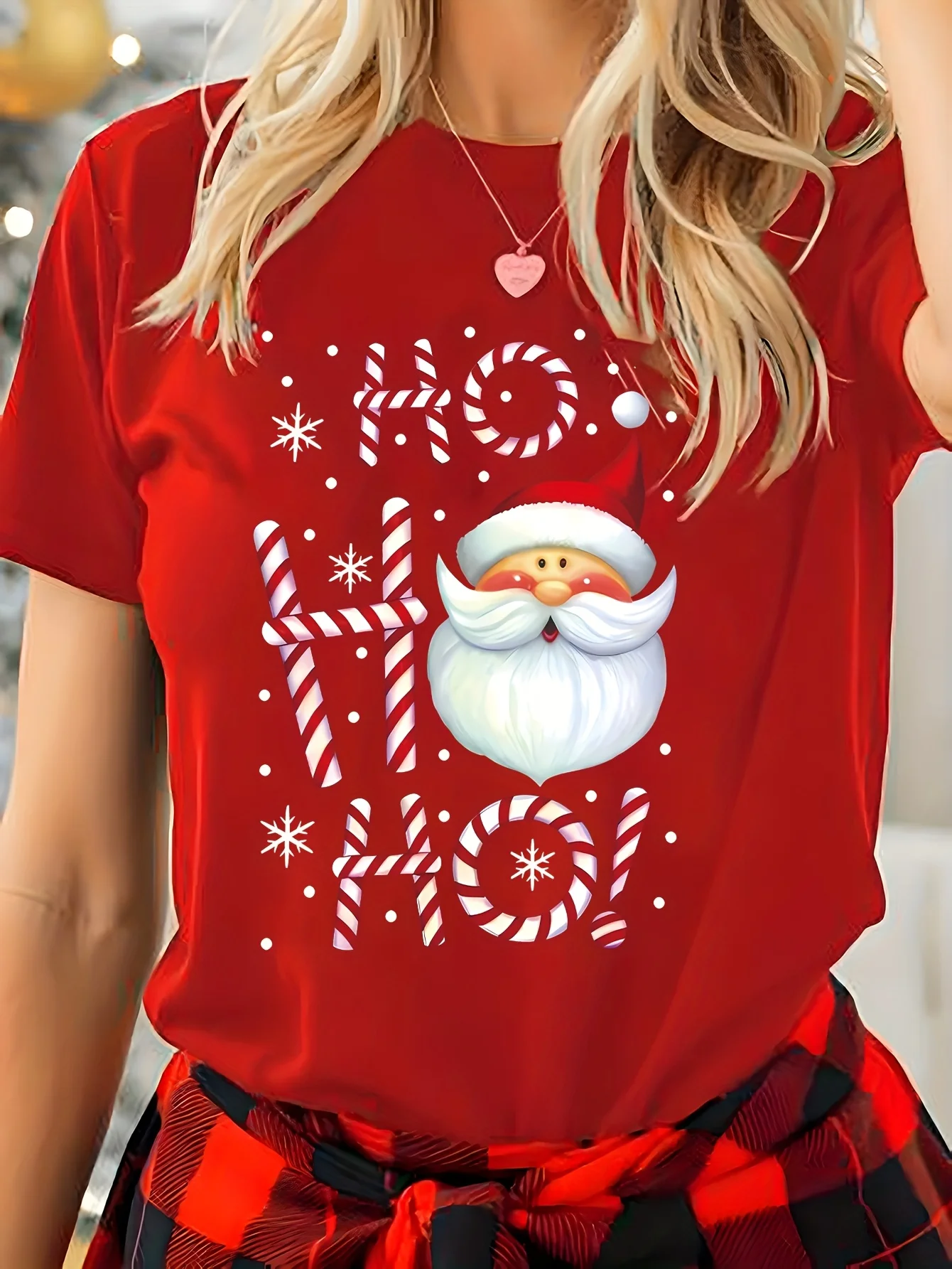 Women Tee Santa Claus Ho Ho Ho Candy Cane Snowflake Christmas Graphic Print Round Neck Short Sleeve Soft Ladies Casual Shirt