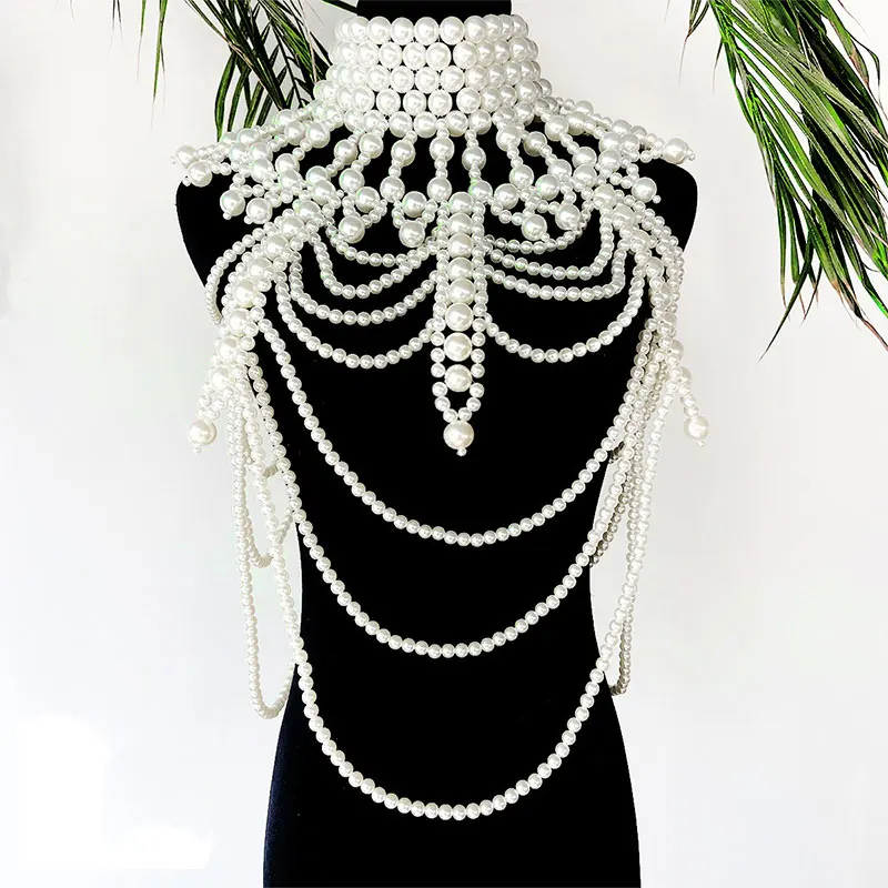 Fashion exaggeration long pearl shawl body chain Haute sense banquet dress with exquisite and elegant body chain