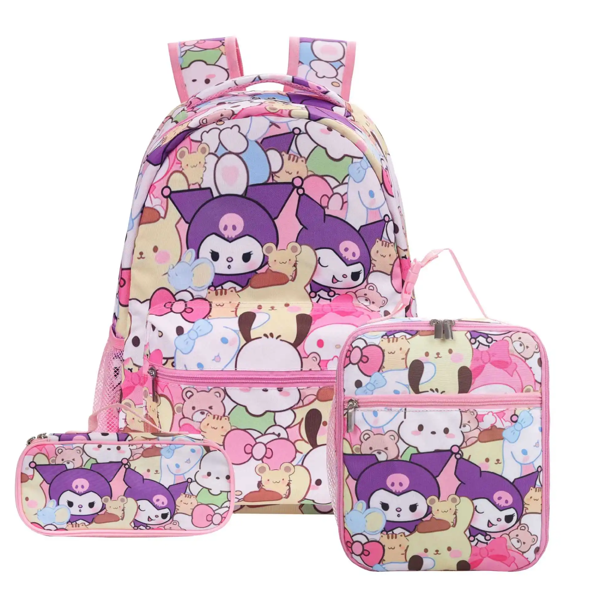 3Pcs/Set Kuromi Backpack Colorful Bag Boys Girls School bags Teenager Student with Lunch Bag Travel Mochilas