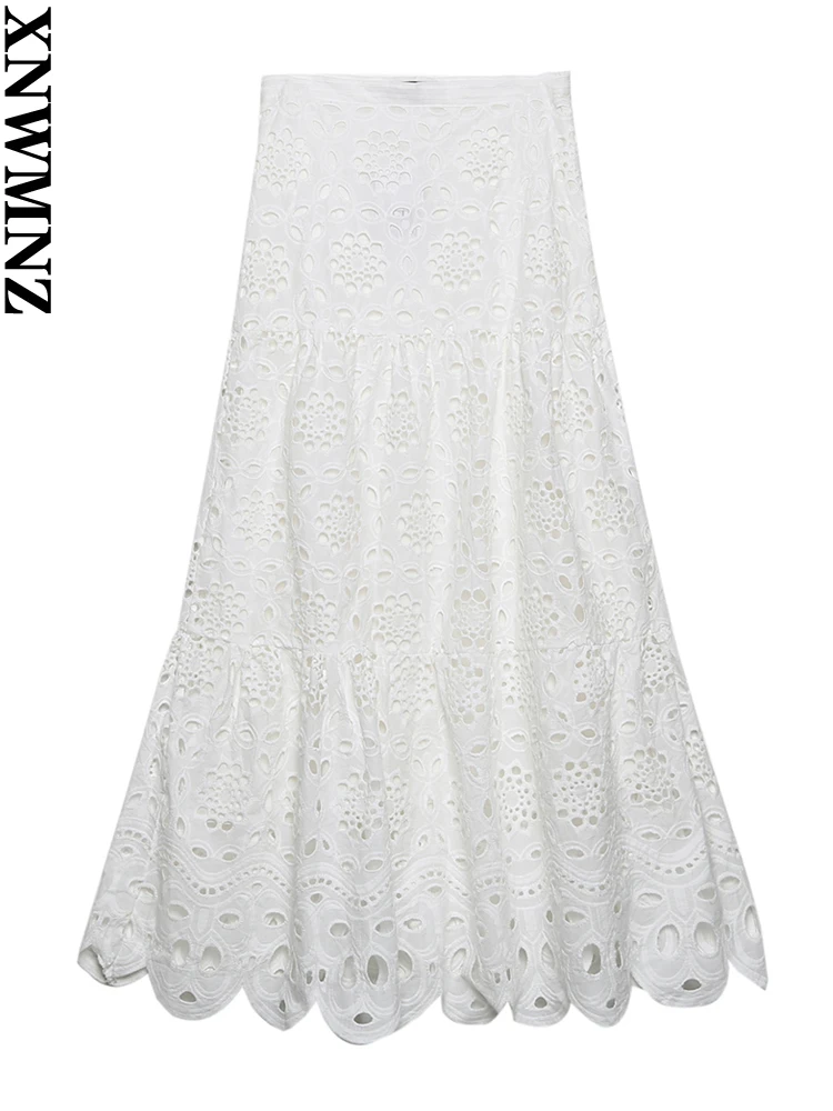 XNWMNZ women White fashion cotton embroidered long skirt female Vintage high-waist Chic summer skirts