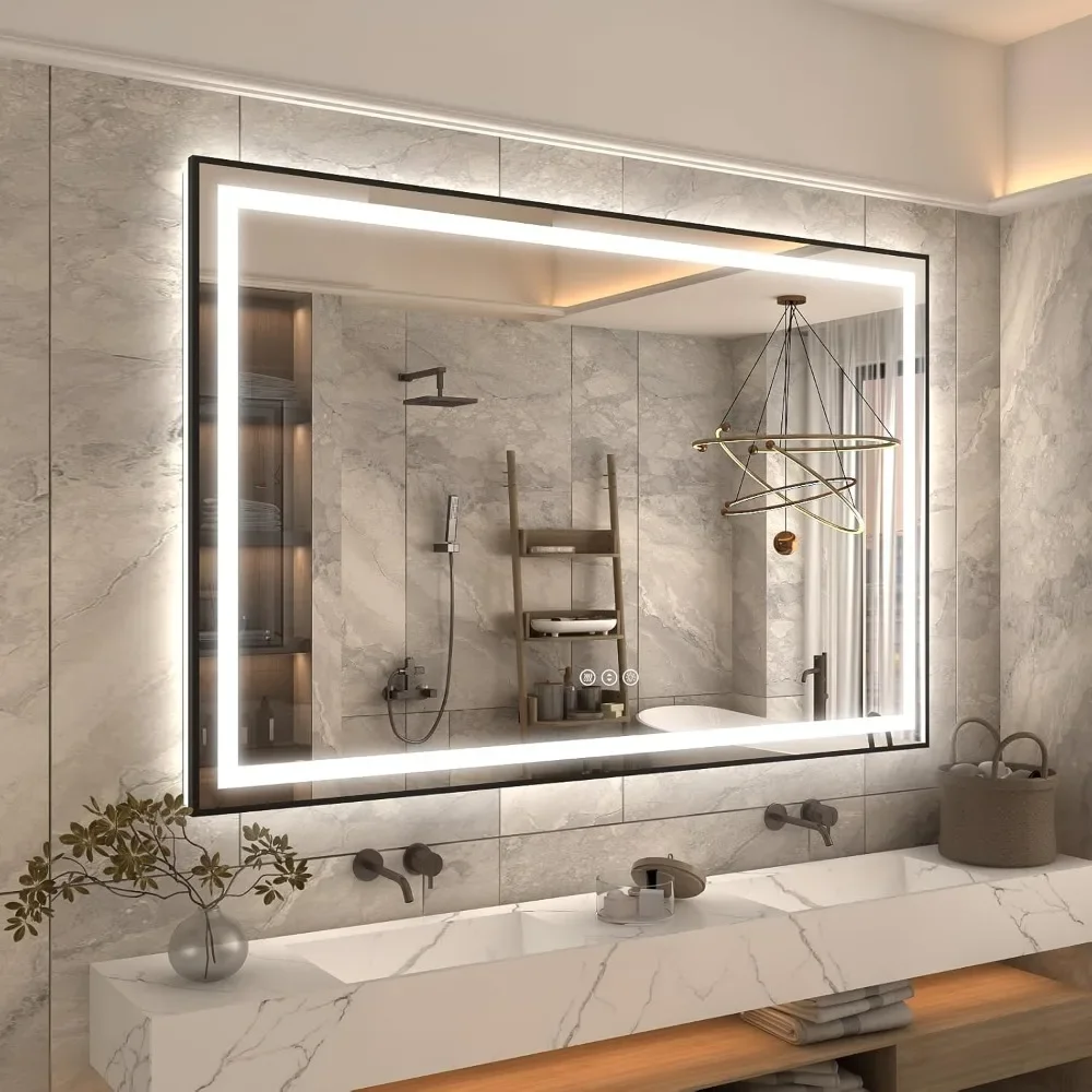 

60x40 Black Framed LED Bathroom Mirror, Lighted Bathroom Mirrors with Lights, Front Light and Backlit, Dimmable