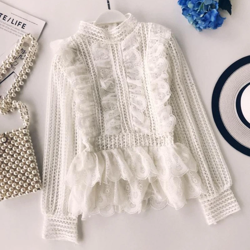 Sweet Hollow Lace Ruffled Shirts Stand Collar Spliced Lace Pleated Blouses 3D Lotus Decor Multi-Layers Long Sleeved OL Tops