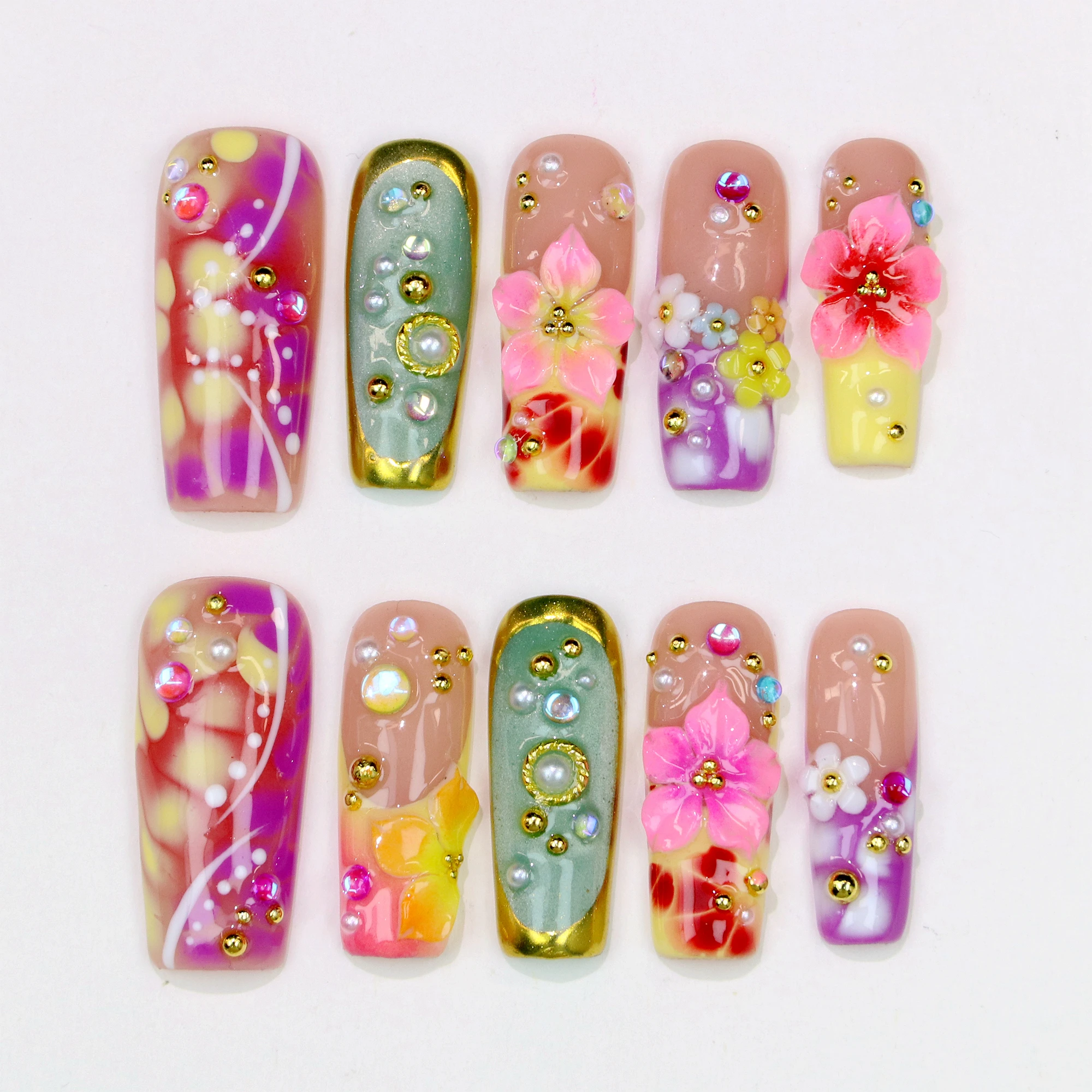 

10Pcs 30mm 3D Y2K handmade Manicure Press On Nails,Acrylic Fake Handpainted Flowers Custom Design Holiday Gift Party Vacation