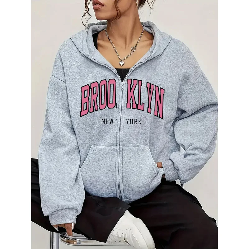 English New York Women's Casual Trendy Printed Pattern -Lined Hooded Sweatshirt with Kangaroo Pocket and Zipper Jacket Top