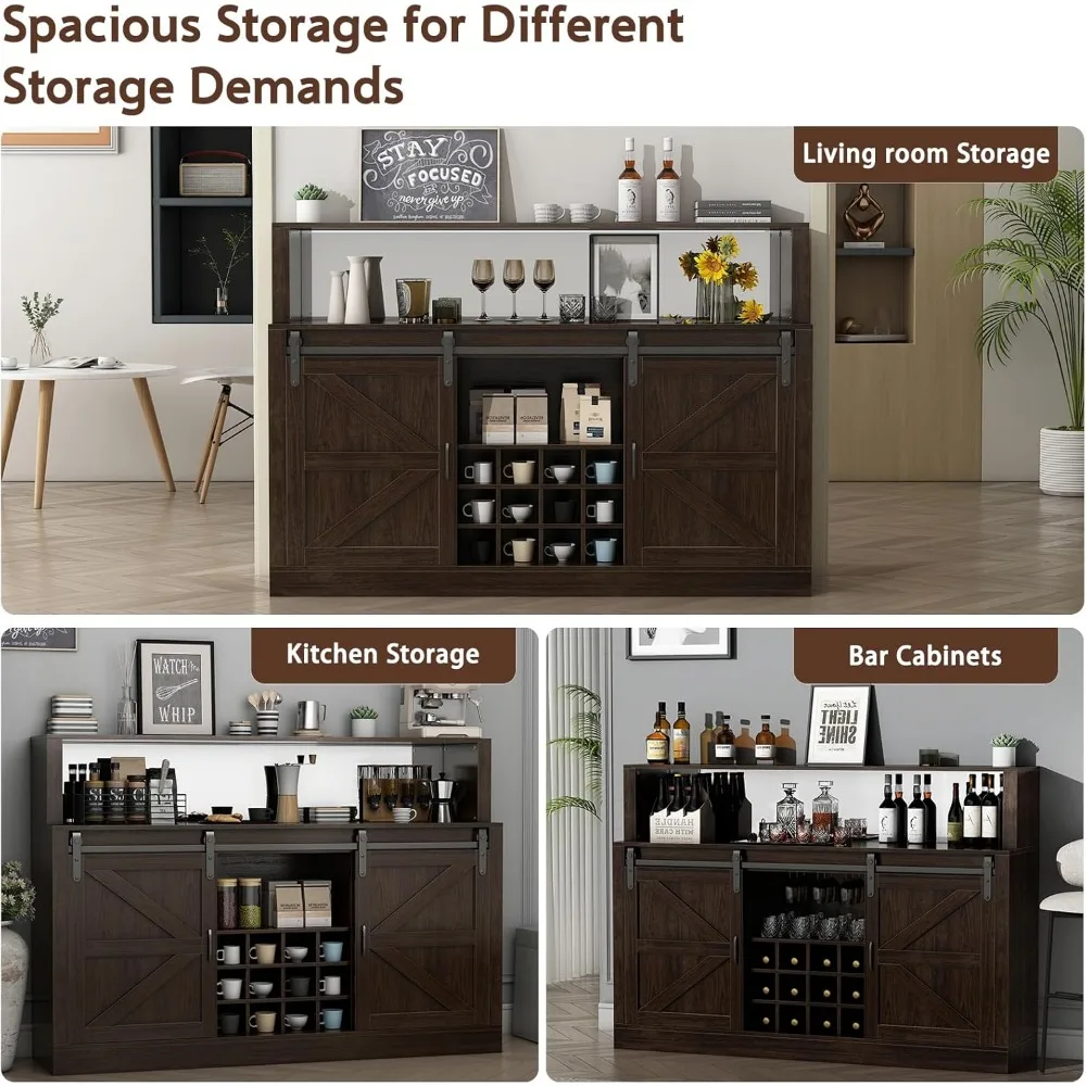 Gabinete de vino de 60", gabinete de bar de vino con puerta corrediza de granero y 12 estantes para vino, gabinete de bar de café de granja con estante ajustable