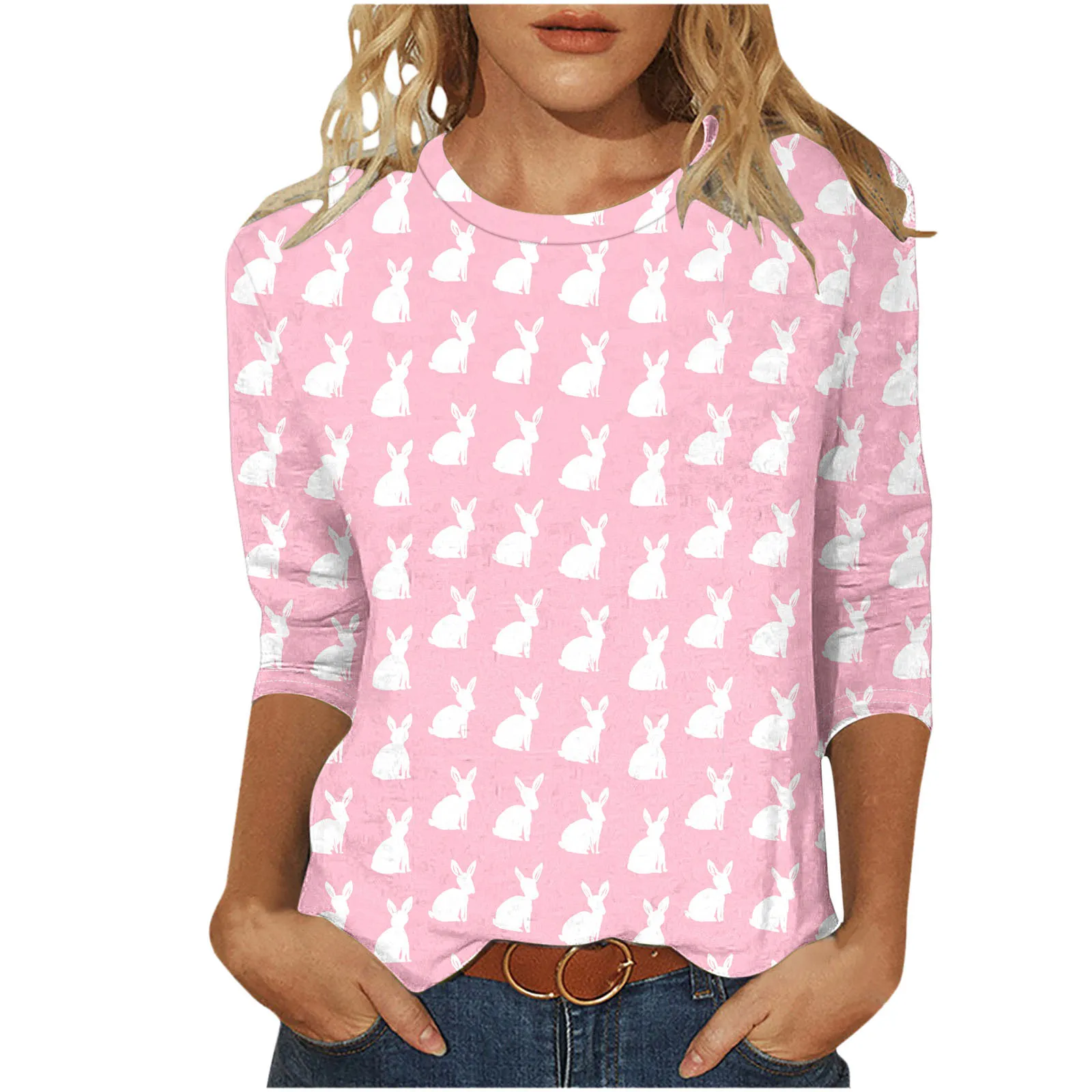 Women's Easter 3D Digital Printing Crew Neck 3/4 Sleeve T-Shirt Loose Top