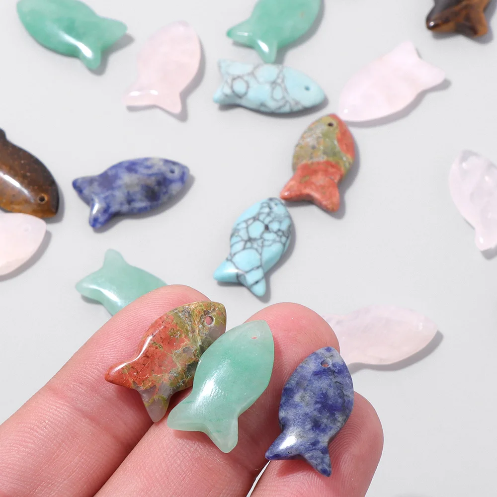2Pcs Fish Shape Natural Stone Pendants Unakite Aventurine Turquoises Gems Stone Charm for Jewelry Making Necklaces 13x26mm - view 3