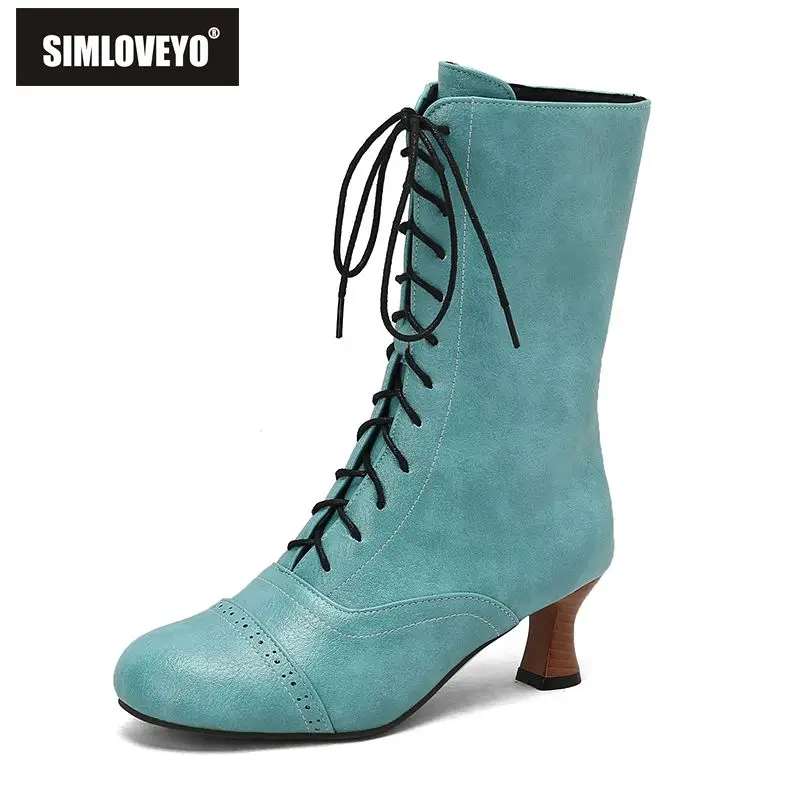 SIMLOVEYO moda mujer botas de media pantorrilla punta redonda tacones extraños 5,5 cm con cordones talla grande 47 48 49 50 US18 Retro rojo rosa café