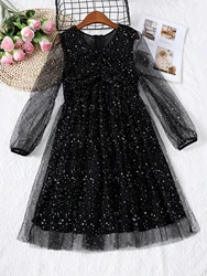 Spring And Autumn Style Girls' V-Neck Elegant Slim Fit Sequin Solid Color Splicing Mesh See Through Long Sleeved Jumpsuit