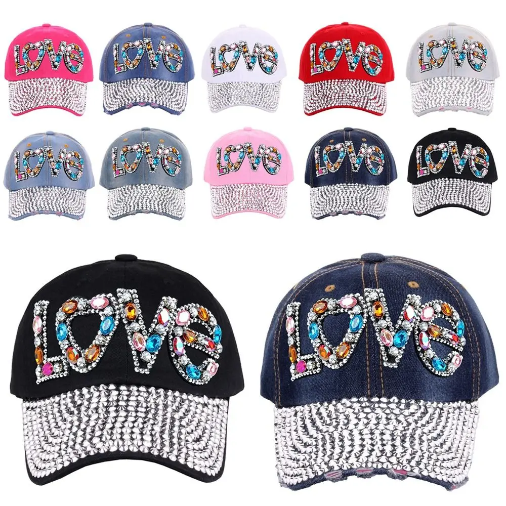 1PC Women\'s Fashion Love Rhinestones Spring/Summer Baseball Hat For Travel Sunshade Leisure Hat Glitter Sunscreen Hat