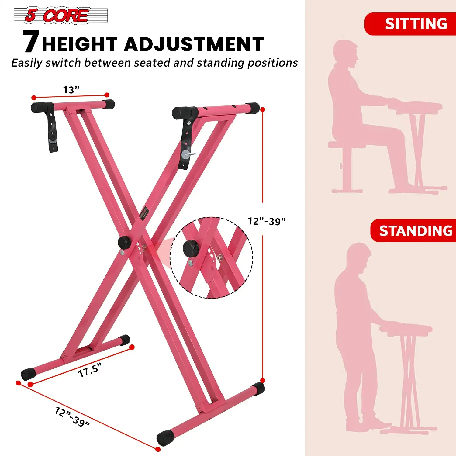 5 Core Keyboard Stand Double X Style Adjustable Piano Riser + Keyboard Piano Bench KS 2X BPNK+KBB BPNK HD
