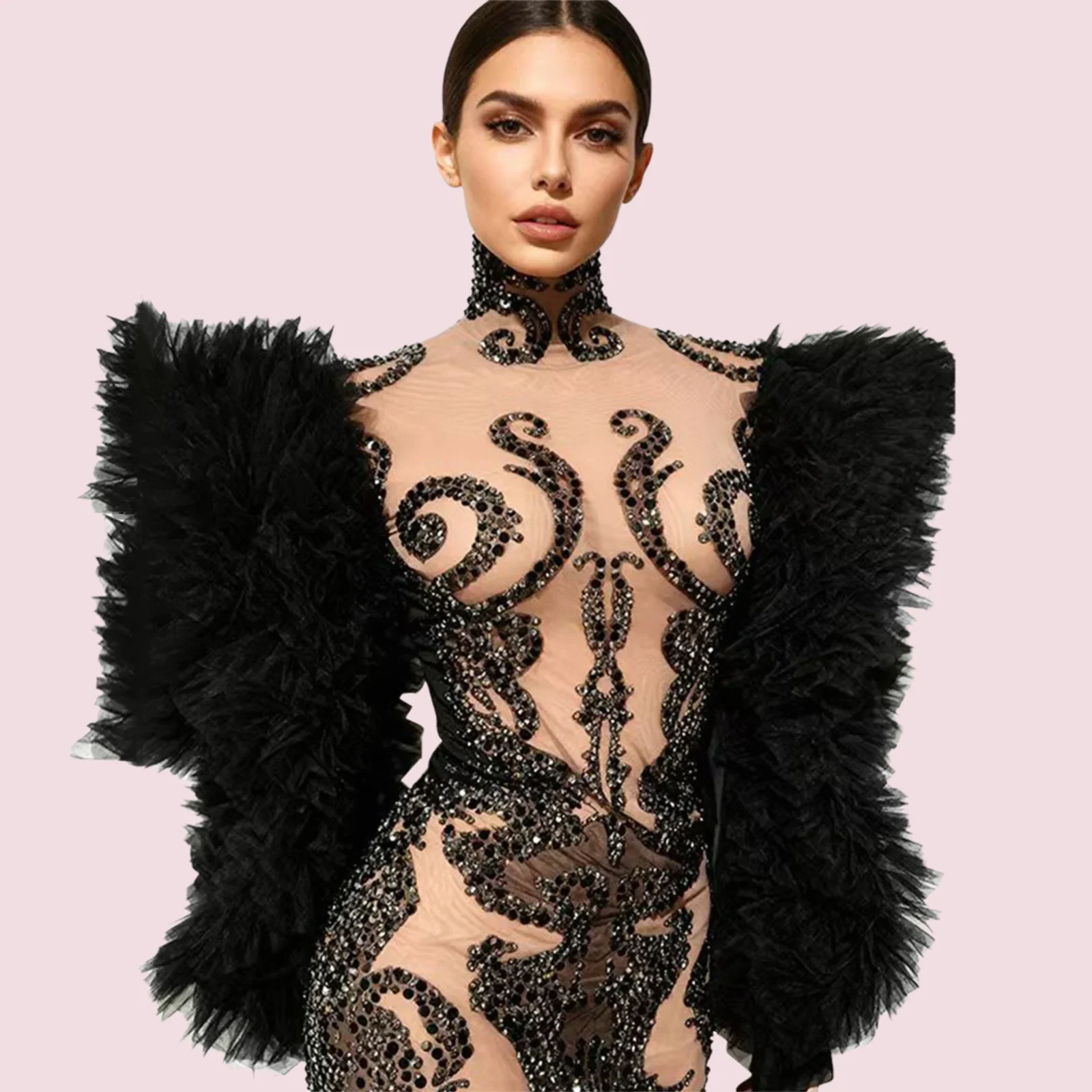

Women Sparkly Rhinestone Black Feather Dress Birthday Celebrate Evening Prom Gown Dress Singer Show Performance Stage Club Wear