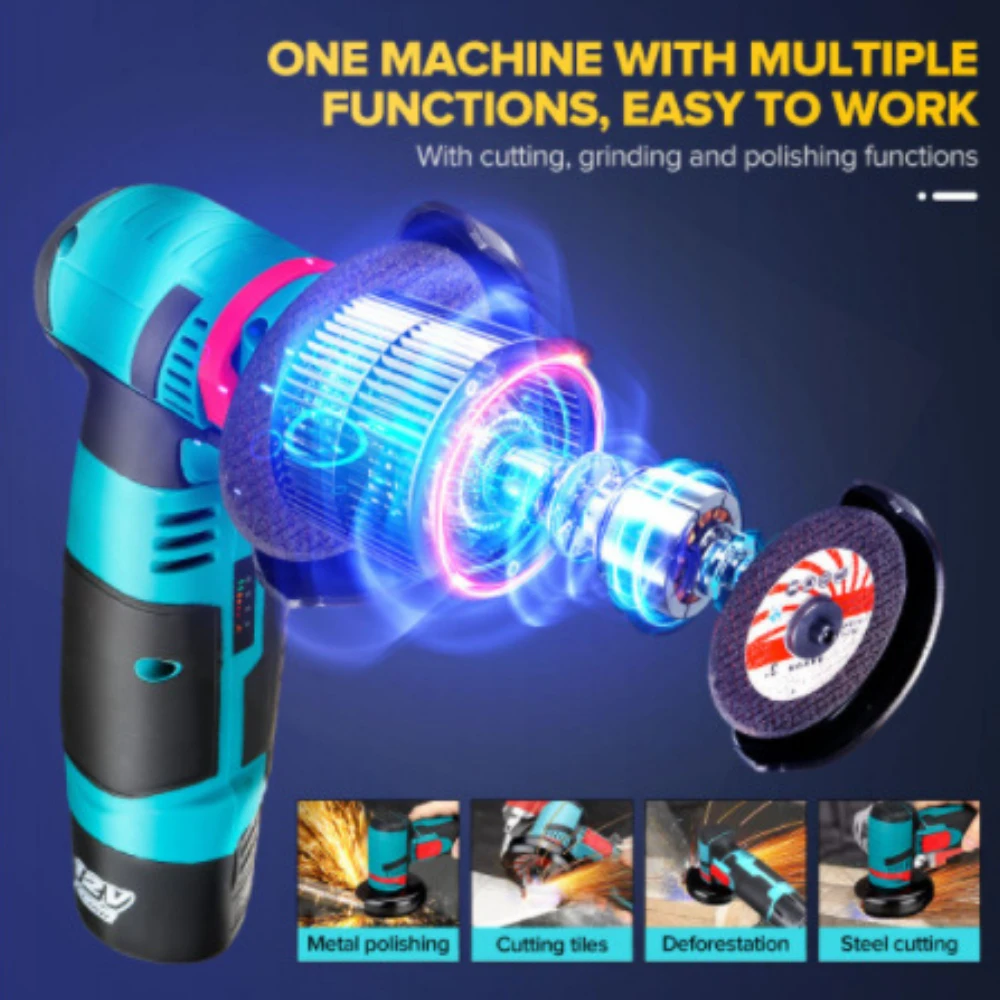 12V Mini  Angle Grinder with Rechargeable Lithium Battery Cordless Polishing Machine Diamond Cutting with Accessories Power Tool