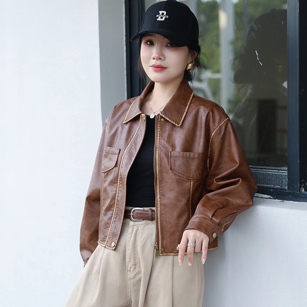 Faux Leather Women Coffee Laple Cropped Jackets Vintage Long Sleeve Pocket Motor Bicycle Coat New Female Casual Retro Streetwear