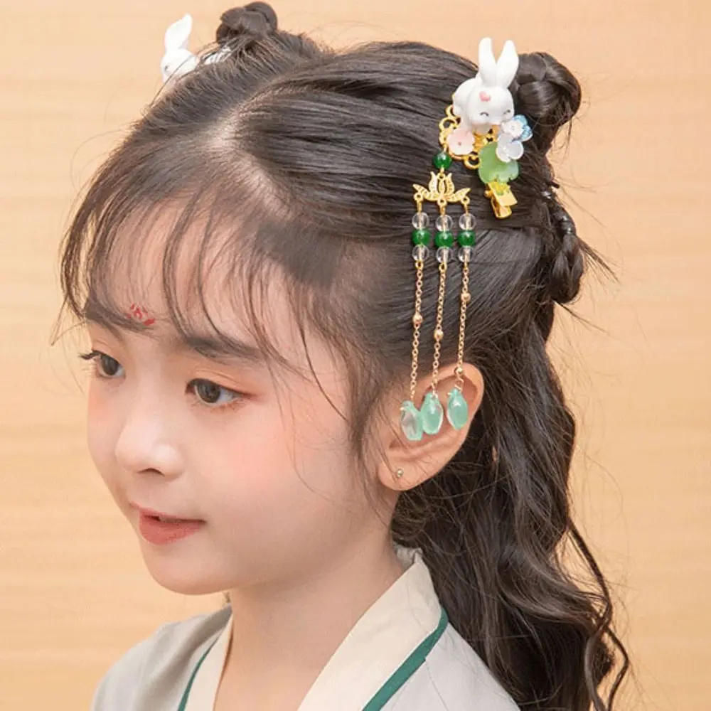 Adorável antigo hanfu princesa colorido estilo chinês hairpin acessórios para o cabelo forma de coelho grampo de cabelo das crianças