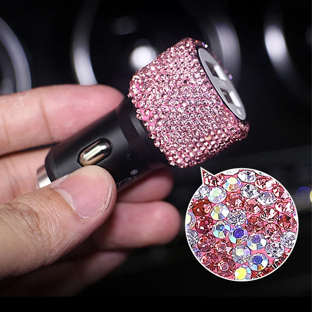 Car Charger 5V 2.1A Diamond Dual USB Fast-Charged Adapter Car Styling Bling Car Phone Aluminum Alloy Charger Safety Hammer