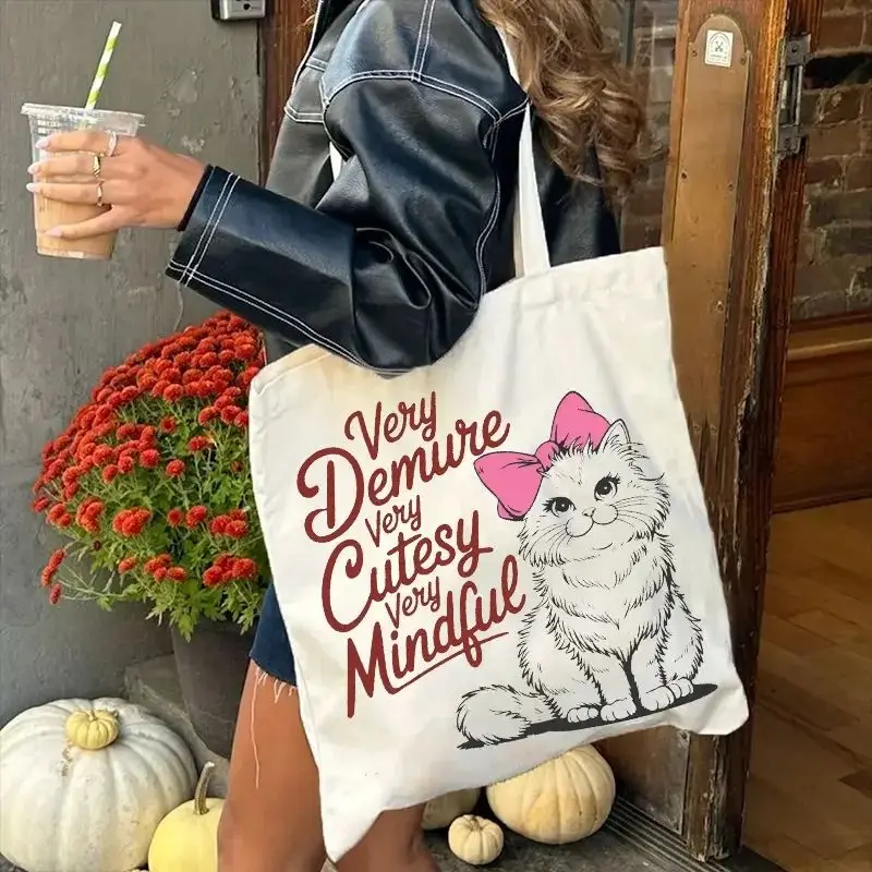 

Cute Kawaii Cat Cartoon Funny Print Canvas Bag Study Work Travel Shoulder Bag Durable Shopping Handbag Women Yoga Bag Daily Use