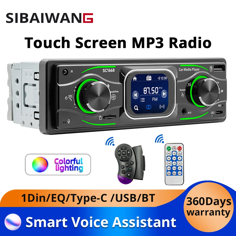 

1Din MP3 Car Radio 60W*4 Player Stereo Bluetooth FM Aux Input RAC SD TF USB Type-C Change 12V In-dash Support voice control