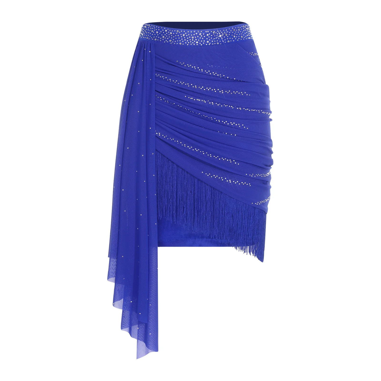 Women Rhinestones Tassels Salsa Latin Cha-cha Dance Performance Skirt Mesh Drape Ruched Fringe Skirt for Latin Samba Dance Wear