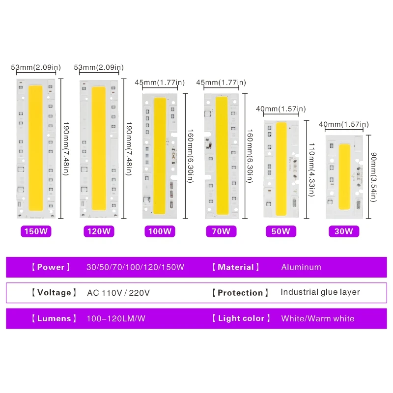 LED Chip 110V 220V 30W 50W 70W 100W 120W 150W COB Chip For LED Flood Light Cold White Warm White LED Spotlight Lamp