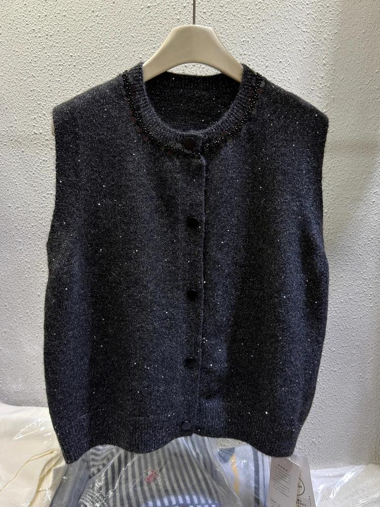 

iny с блестками и бисером вязаный слан круглый жилет, кардиган, свитер, женский ранний весенний новый модный топ для снижения возраста