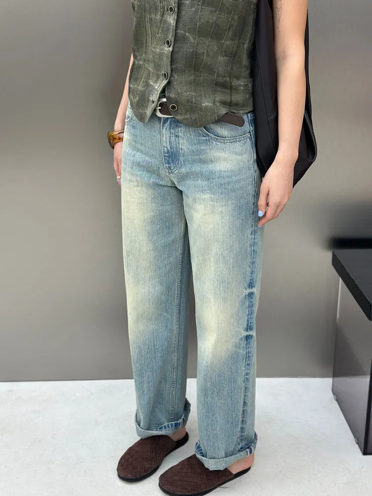 

Модные женские джинсы с высокой талией и широкими штанинами, синие, с эффектом потертости, осенние, новые, в уличном стиле, с рваными элементами, длинные брюки