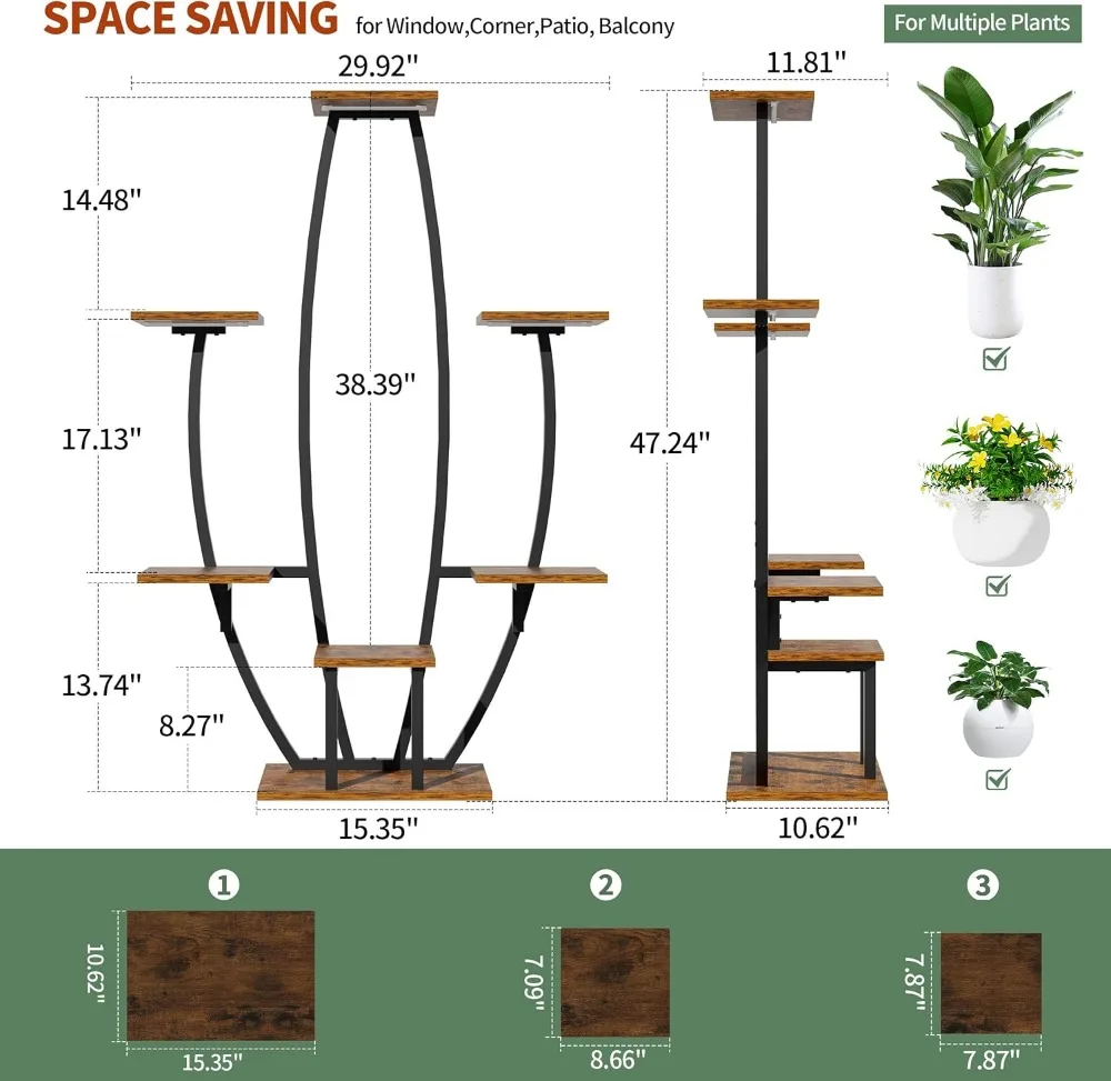حامل نباتات داخلي مكون من 7 طبقات مع أضواء للنمو، رف زاوية مقاس 47 بوصة للنباتات المتعددة، رف عرض معدني لديكور غرفة المعيشة #3