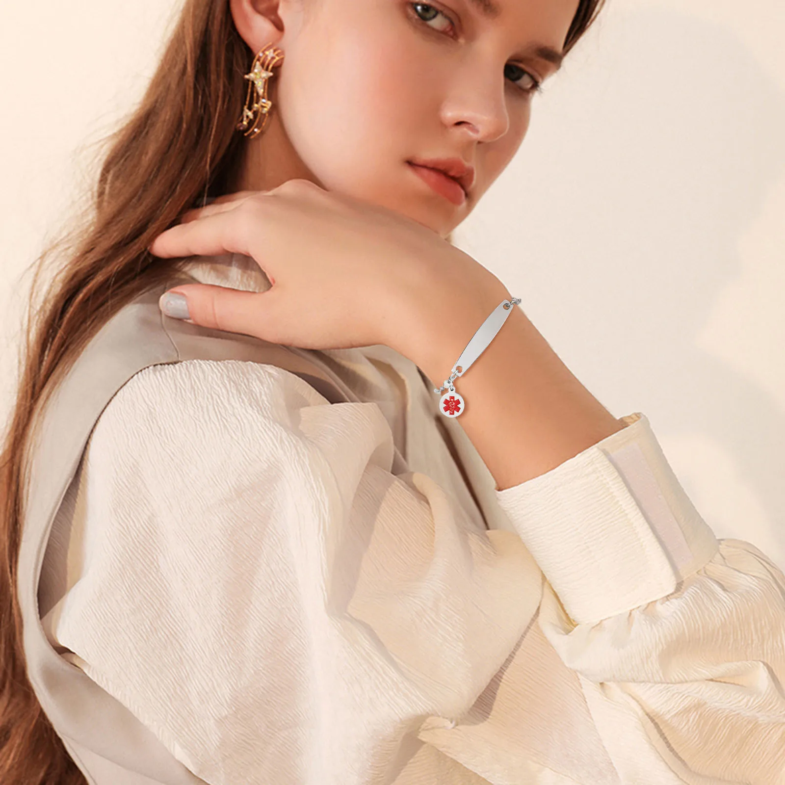 Custom Enamel Medical Alert ID Bangle Stainless Steel Rolo Chain Link Thin Bar Bracelet for Women Adjsutable 7.6\