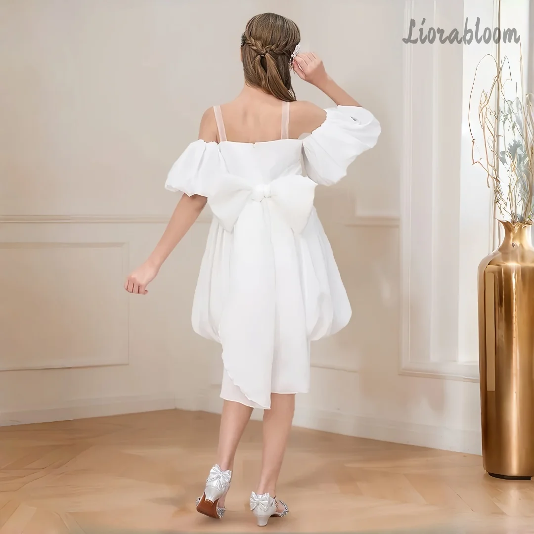 Abito da Cerimonia Squisito per Ragazze con Spalle Scoperte, Vestito Personalizzato con Maniche a Sbuffo, Abito Semplice da Damigella, Abito Formale da Sposa