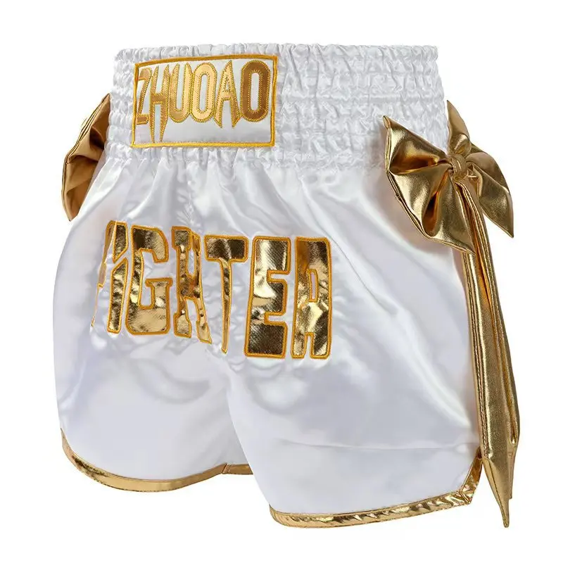 Muay Thai Shorts Bow Men's Women's Premium Kickboxing Match Shorts Elastic Belt Performance Boxing Training Pants White