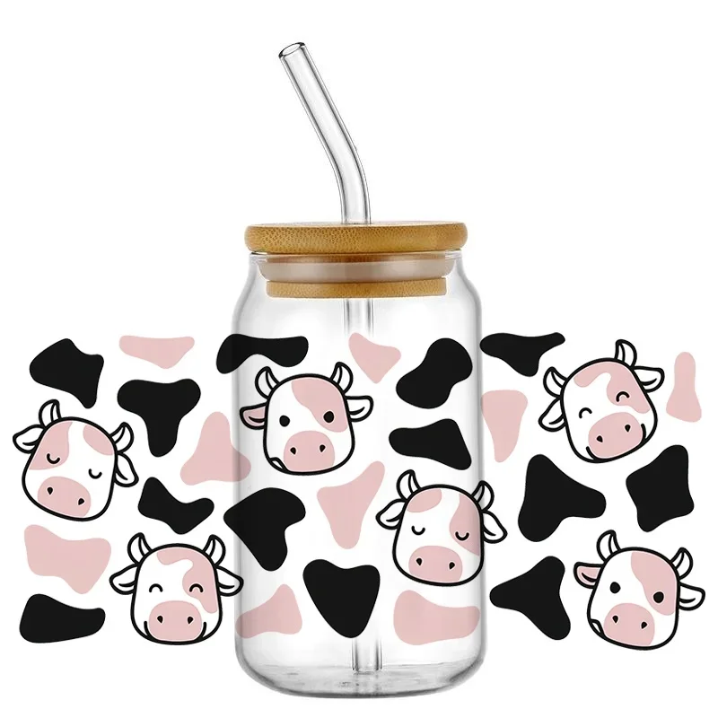 Cute Dairy Cow Pattern UV DTF Cold Transfer Cup Wrap, Waterproof Sticker Decal for 16oz Glass Can Tumbler DIY Custom Decor Label