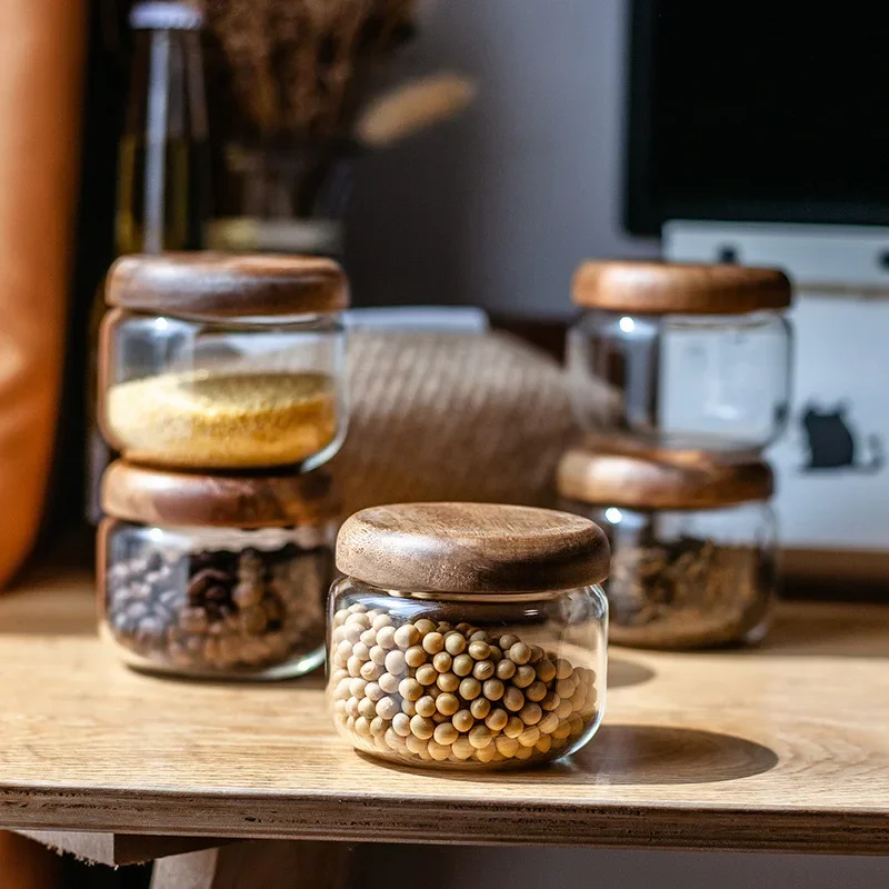 Food Storage Jar with Wooden Lid Clear Sealed Cans Glass Container Coffee Beans Oat Nuts Spice Tank Kitchen Grain Storage Jar